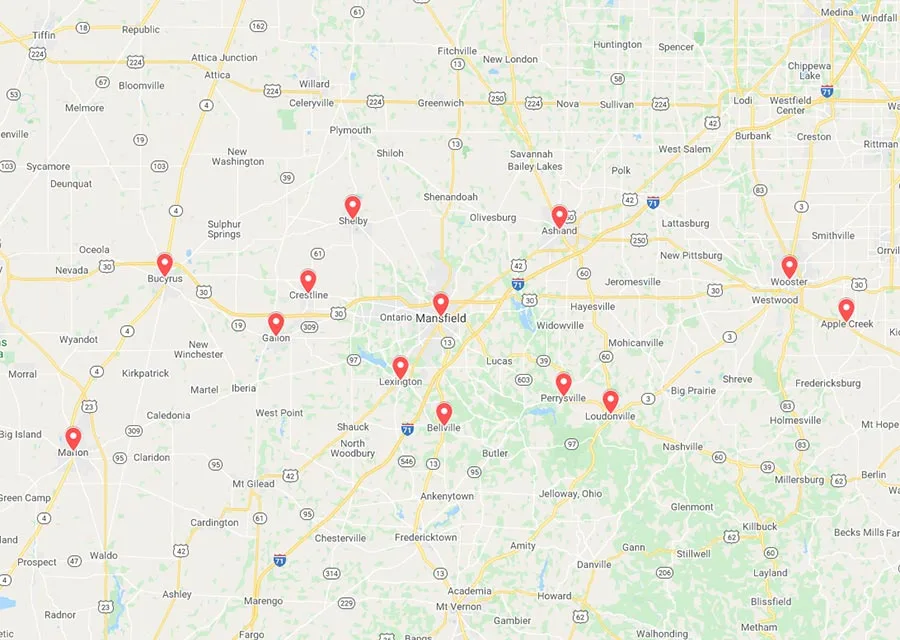 Ohio Green Lawn & Pest service areas map.